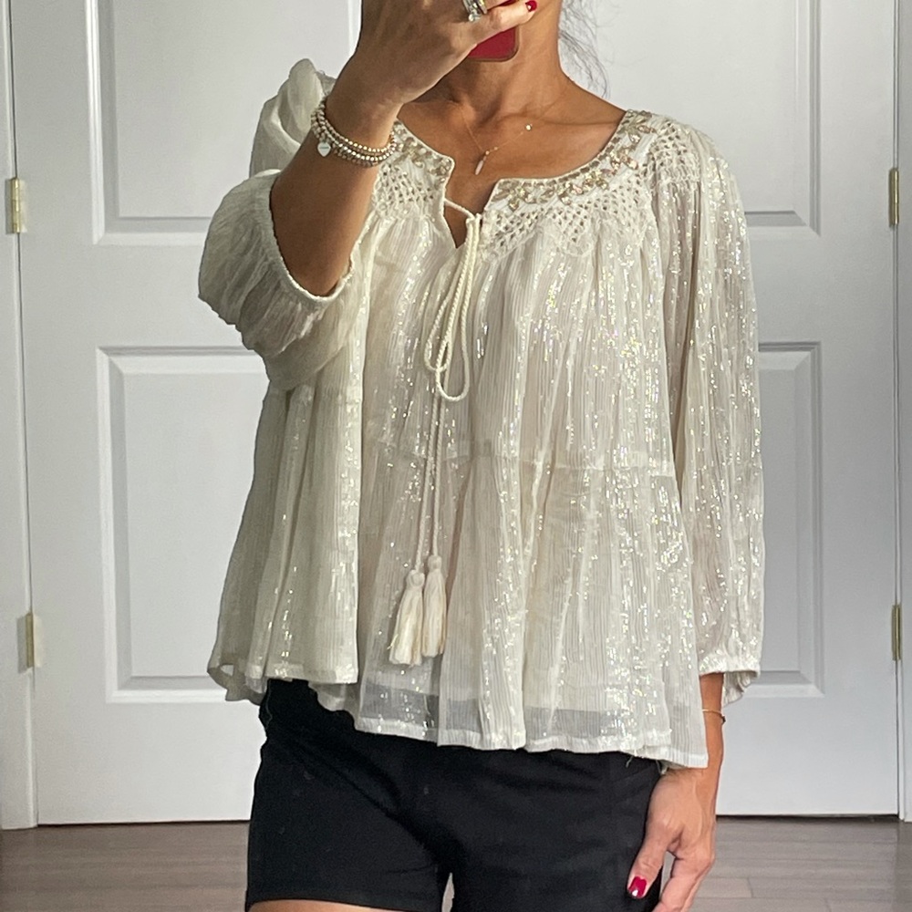 Anthropology RAGA Madi Shimmer Lined Peasant Top S - Picture 2 of 9